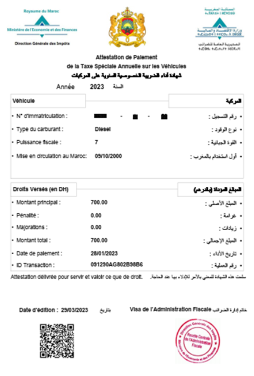 Attestation de taxe annuelle speciale